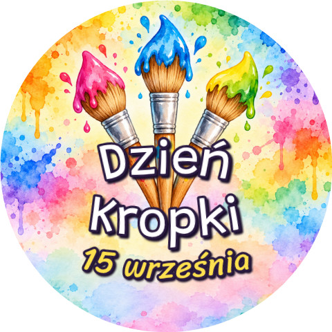 Wzór: Przypinka Dzień Kropki 15 Września Pędzle – napis Dzień Kropki i pole data