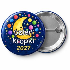 Przypinka Dzień Kropki 2027 Księżyc: przypinka na Dzień Kropki z napisem Dzień Kropki oraz polem rok (np. 2027) – przód i aluminiowy tył z agrafką