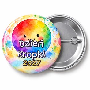 Przypinka Dzień Kropki 2027 Tęczowa Plama: przypinka na Dzień Kropki z napisem Dzień Kropki oraz polem rok (np. 2027) – przód i aluminiowy tył z agrafką