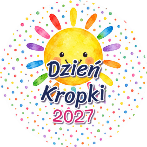 Wzór: Przypinka Dzień Kropki 2027 Uśmiechnięte Słońce – napis Dzień Kropki i pole rok
