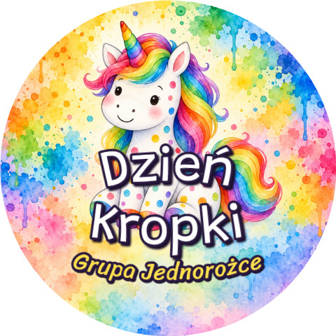 Wzór: Przypinka Dzień Kropki Grupa Jednorożec – napis Dzień Kropki i pole grupa