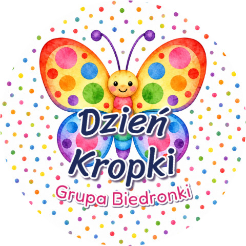 Wzór: Przypinka Dzień Kropki Grupa Motyl – napis Dzień Kropki i pole grupa