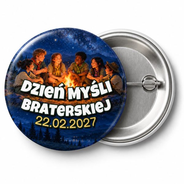 Przypinka Dzień Myśli Braterskiej 2027 Ognisko Nocą: przypinka na Dzień Myśli Braterskiej z napisem Dzień Myśli Braterskiej oraz polem data (np. 22.02.2027) – przód i aluminiowy tył z agrafką