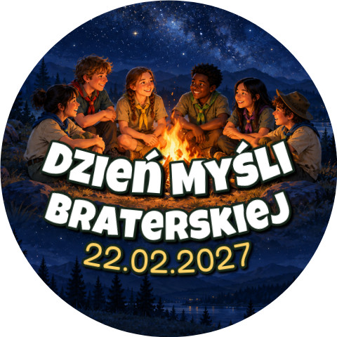 Wzór: Przypinka Dzień Myśli Braterskiej 2027 Ognisko Nocą – napis Dzień Myśli Braterskiej i pole data