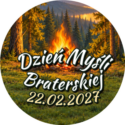 Wzór: Przypinka Dzień Myśli Braterskiej 2027 Ognisko w Lesie – napis Dzień Myśli Braterskiej i pole data