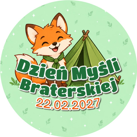 Wzór: Przypinka Dzień Myśli Braterskiej 2027 Wesoły Lisek – napis Dzień Myśli Braterskiej i pole data