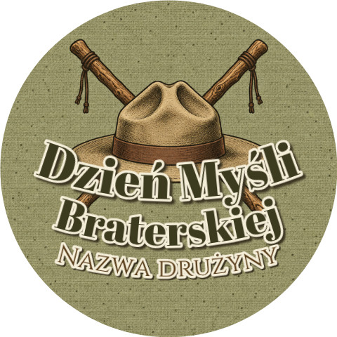 Wzór: Przypinka Dzień Myśli Braterskiej Drużyna Kapelusz – napis Dzień Myśli Braterskiej i pole nazwa drużyny