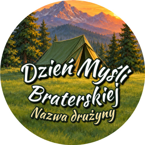 Wzór: Przypinka Dzień Myśli Braterskiej Drużyna Namiot – napis Dzień Myśli Braterskiej i pole nazwa drużyny