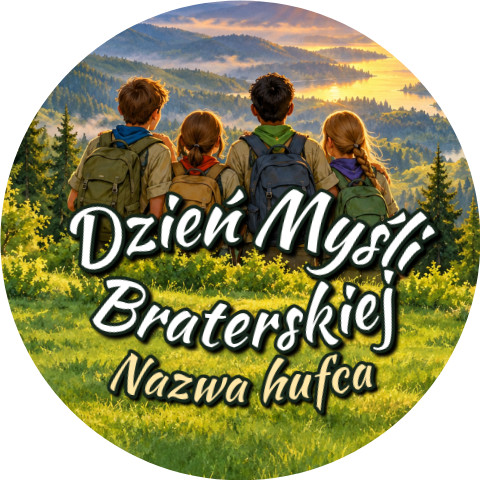 Wzór: Przypinka Dzień Myśli Braterskiej Hufiec Góry – napis Dzień Myśli Braterskiej i pole nazwa hufca