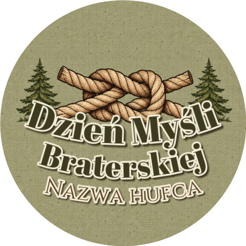Wzór: Przypinka Dzień Myśli Braterskiej Hufiec Węzeł – napis Dzień Myśli Braterskiej i pole nazwa hufca