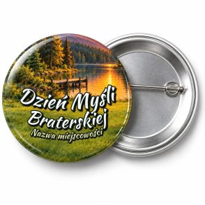 Przypinka Dzień Myśli Braterskiej Miejscowość Jezioro: przypinka na Dzień Myśli Braterskiej z napisem Dzień Myśli Braterskiej oraz polem miejscowość (np. Nazwa miejscowości) – przód i aluminiowy tył z agrafką