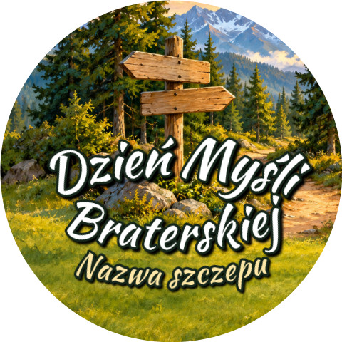 Wzór: Przypinka Dzień Myśli Braterskiej Szczep Szlak – napis Dzień Myśli Braterskiej i pole nazwa szczepu