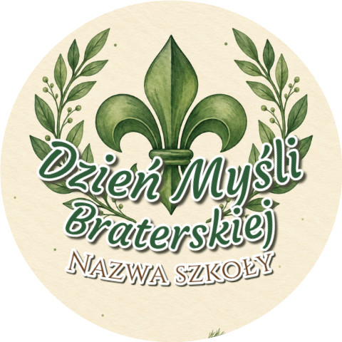 Wzór: Przypinka Dzień Myśli Braterskiej Szkoła Lilijka – napis Dzień Myśli Braterskiej i pole nazwa szkoły