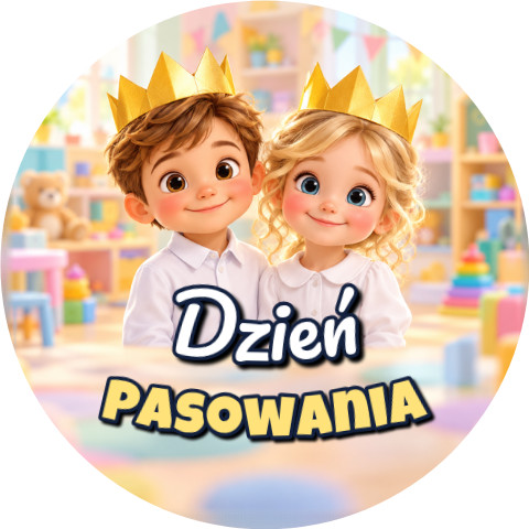 Wzór: Przypinka Dzień Pasowania Dzieci w Koronach – grafika z napisem Dzień pasowania