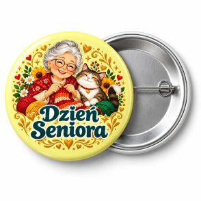Przypinka Dzień Seniora Babcia z Kotem: kolorowa przypinka na Dzień Seniora z napisem Dzień Seniora – przód i aluminiowy tył z agrafką