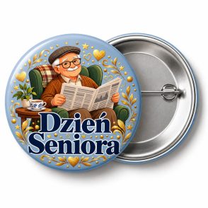 Przypinka Dzień Seniora Dziadek z Gazetą: kolorowa przypinka na Dzień Seniora z napisem Dzień Seniora – przód i aluminiowy tył z agrafką