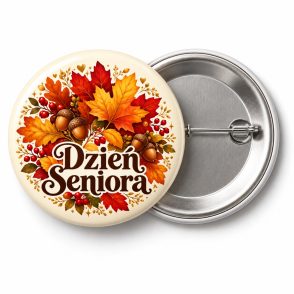 Przypinka Dzień Seniora Jesienny Wieniec: kolorowa przypinka na Dzień Seniora z napisem Dzień Seniora – przód i aluminiowy tył z agrafką