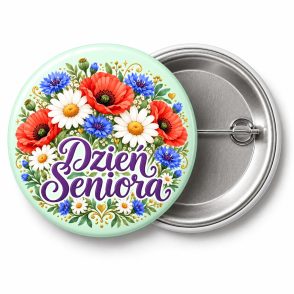 Przypinka Dzień Seniora Wianek z Kwiatów: kolorowa przypinka na Dzień Seniora z napisem Dzień Seniora – przód i aluminiowy tył z agrafką