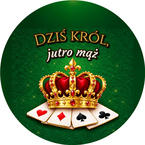 Wzór: Przypinka Dziś Król Jutro Mąż Korona na Kartach – grafika z napisem Dziś król, jutro mąż