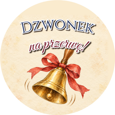 Wzór: Przypinka Dzwonek na Przerwę – grafika z napisem Dzwonek na przerwę!