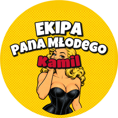 Wzór: Przypinka Ekipa Pana Młodego z Imieniem Komiksowa Blondynka – napis Ekipa Pana Młodego i pole imię pana młodego