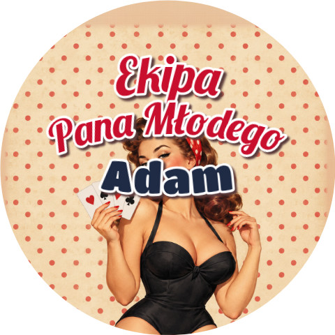 Wzór: Przypinka Ekipa Pana Młodego z Imieniem Pin-up z Kartami – napis Ekipa Pana Młodego i pole imię pana młodego