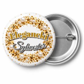 Przypinka Elegancki Sylwester Biały: przypinka na Sylwestra z napisem Elegancki Sylwester – przód i aluminiowy tył z agrafką
