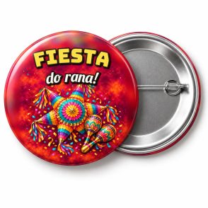 Przypinka Fiesta do Rana: przypinka na Sylwestra z napisem Fiesta do rana! – przód i aluminiowy tył z agrafką
