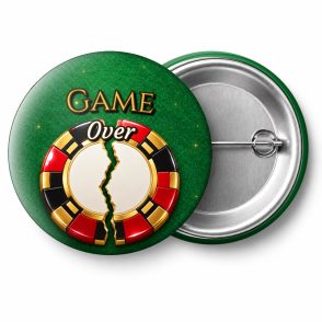 Przypinka Game Over Pęknięty Żeton: przypinka na wieczór kawalerski z napisem Game Over – przód i aluminiowy tył z agrafką