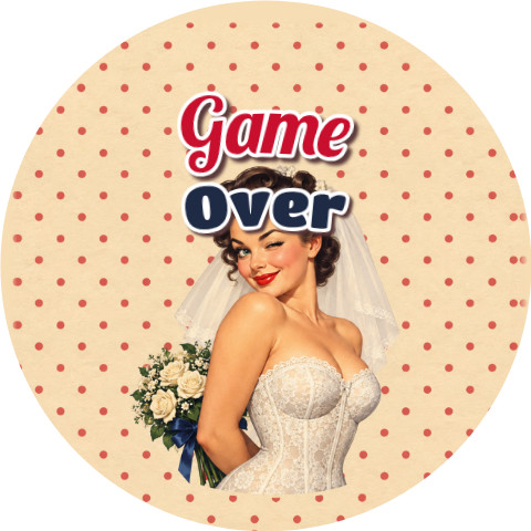 Wzór: Przypinka Game Over Pin-up Panna Młoda – grafika z napisem Game Over