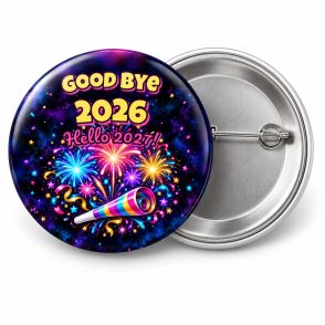 Przypinka Good Bye 2026 Hello 2027: przypinka na Sylwestra z napisem Good bye 2026 Hello 2027! – przód i aluminiowy tył z agrafką