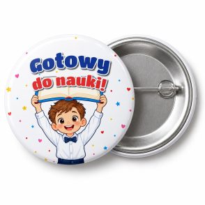 Przypinka Gotowy do Nauki Chłopiec z Książką: przypinka na pasowanie pierwszoklasisty z napisem Gotowy do nauki! – przód i aluminiowy tył z agrafką
