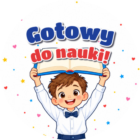 Wzór: Przypinka Gotowy do Nauki Chłopiec z Książką – grafika z napisem Gotowy do nauki!
