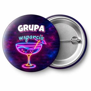 Przypinka Grupa Wsparcia Neonowy Drink z Parasolką: przypinka na wieczór kawalerski z napisem Grupa wsparcia – przód i aluminiowy tył z agrafką