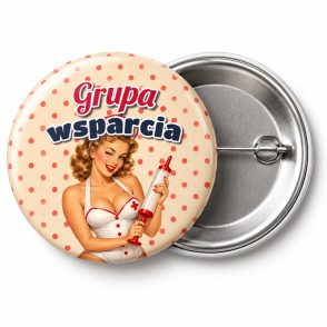 Przypinka Grupa Wsparcia Pin-up Pielęgniarka: przypinka na wieczór kawalerski z napisem Grupa wsparcia – przód i aluminiowy tył z agrafką