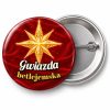 Przypinka Gwiazda Betlejemska Złota: przypinka na Orszak Trzech Króli z napisem Gwiazda betlejemska – przód i aluminiowy tył z agrafką
