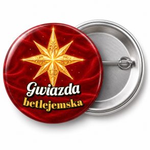 Przypinka Gwiazda Betlejemska Złota: przypinka na Orszak Trzech Króli z napisem Gwiazda betlejemska – przód i aluminiowy tył z agrafką