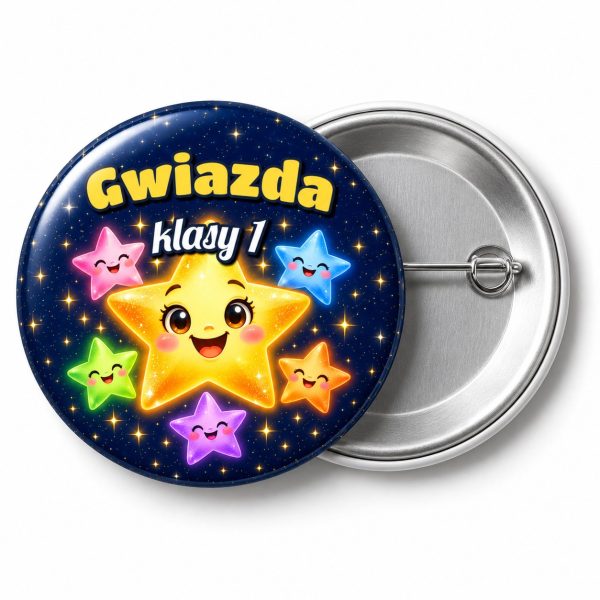 Przypinka Gwiazda Klasy Pierwszej: przypinka na pasowanie pierwszoklasisty z napisem Gwiazda klasy 1 – przód i aluminiowy tył z agrafką