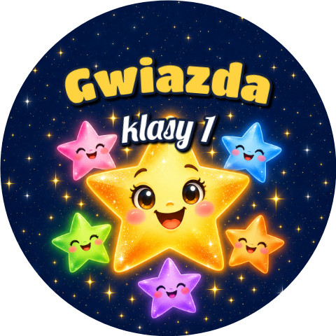 Wzór: Przypinka Gwiazda Klasy Pierwszej – grafika z napisem Gwiazda klasy 1