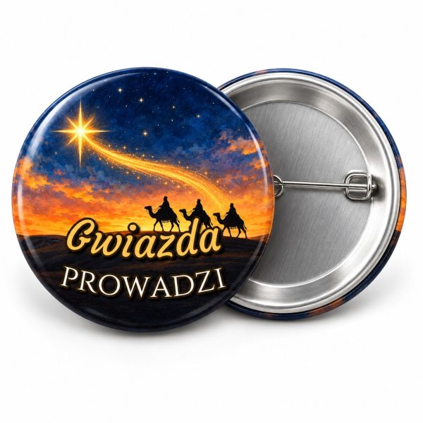 Przypinka Gwiazda Prowadzi: przypinka na Orszak Trzech Króli z napisem Gwiazda prowadzi – przód i aluminiowy tył z agrafką
