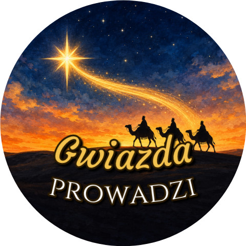 Wzór: Przypinka Gwiazda Prowadzi – grafika z napisem Gwiazda prowadzi