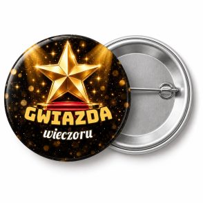 Przypinka Gwiazda Wieczoru Hollywood: przypinka na Sylwestra z napisem Gwiazda wieczoru – przód i aluminiowy tył z agrafką