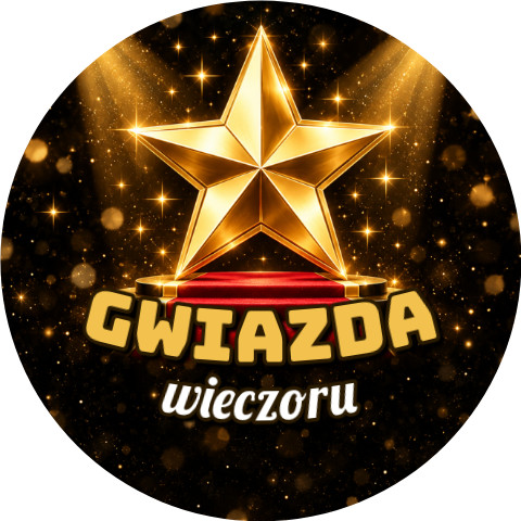 Wzór: Przypinka Gwiazda Wieczoru Hollywood – sylwestrowa grafika z napisem Gwiazda wieczoru