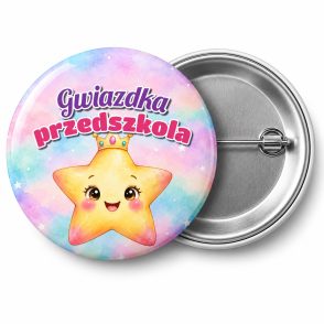 Przypinka Gwiazdka Przedszkola Gwiazda w Koronie: przypinka na pasowanie na przedszkolaka z napisem Gwiazdka przedszkola – przód i aluminiowy tył z agrafką