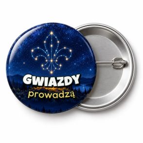 Przypinka Gwiazdy Prowadzą: przypinka na Dzień Myśli Braterskiej z napisem Gwiazdy prowadzą – przód i aluminiowy tył z agrafką