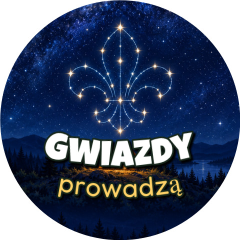 Wzór: Przypinka Gwiazdy Prowadzą – grafika z napisem Gwiazdy prowadzą