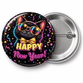 Przypinka Happy New Year Kot: przypinka na Sylwestra z napisem Happy New Year! – przód i aluminiowy tył z agrafką