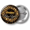 Przypinka Happy New Year Złoty: przypinka na Sylwestra z napisem Happy New Year! – przód i aluminiowy tył z agrafką