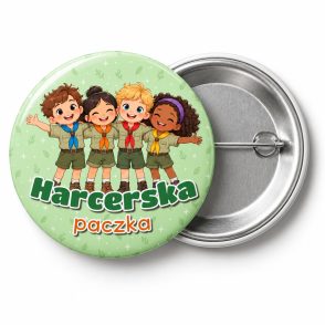 Przypinka Harcerska Paczka: przypinka na Dzień Myśli Braterskiej z napisem Harcerska paczka – przód i aluminiowy tył z agrafką