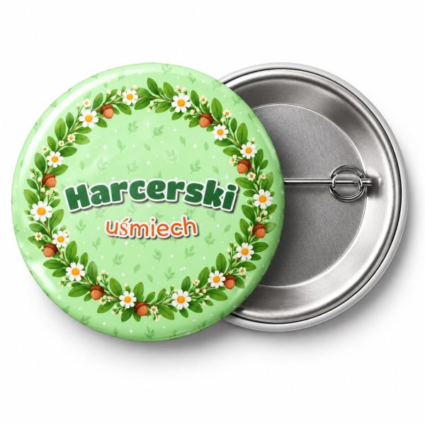 Przypinka Harcerski Uśmiech Wianek: przypinka na Dzień Myśli Braterskiej z napisem Harcerski uśmiech – przód i aluminiowy tył z agrafką
